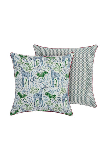 Square safari scene cushion with blue and green giraffes and foliage on light fabric with red piping edges