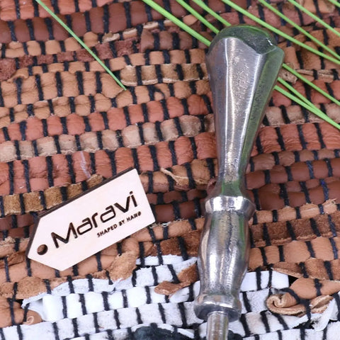 Silver-toned sagara long handled shoe horn with textured leather hand-shaped handle and polished metal shaft 54cm