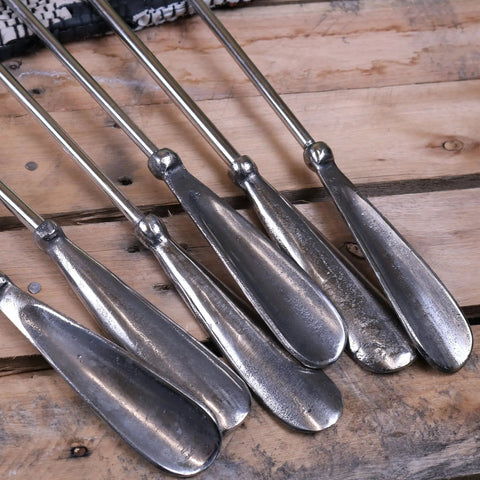 Set of five metallic shoe shine brushes with sleek elongated handles and polished silver finish for sagara long handled shoe care