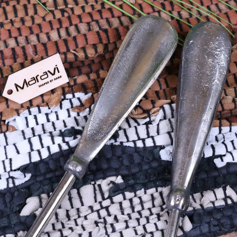 Two metallic sagara long handled shoe horns with brushed silver finish and slightly tapered rounded handles