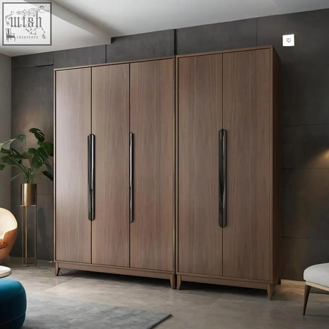 Modern rosewood saheema ka9325 wardrobe with sleek black vertical handles for stylish storage solution