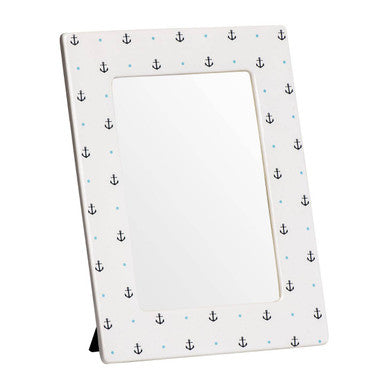 White 6in x 4in photo frame with black anchor pattern and light blue dots perfect for sailor decor
