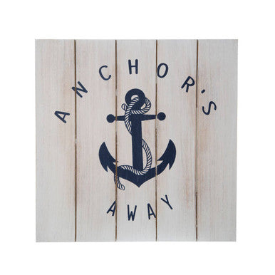 Nautical-themed wooden sailor wall art with navy blue anchor design and black anchor’s away lettering for blue wall decor
