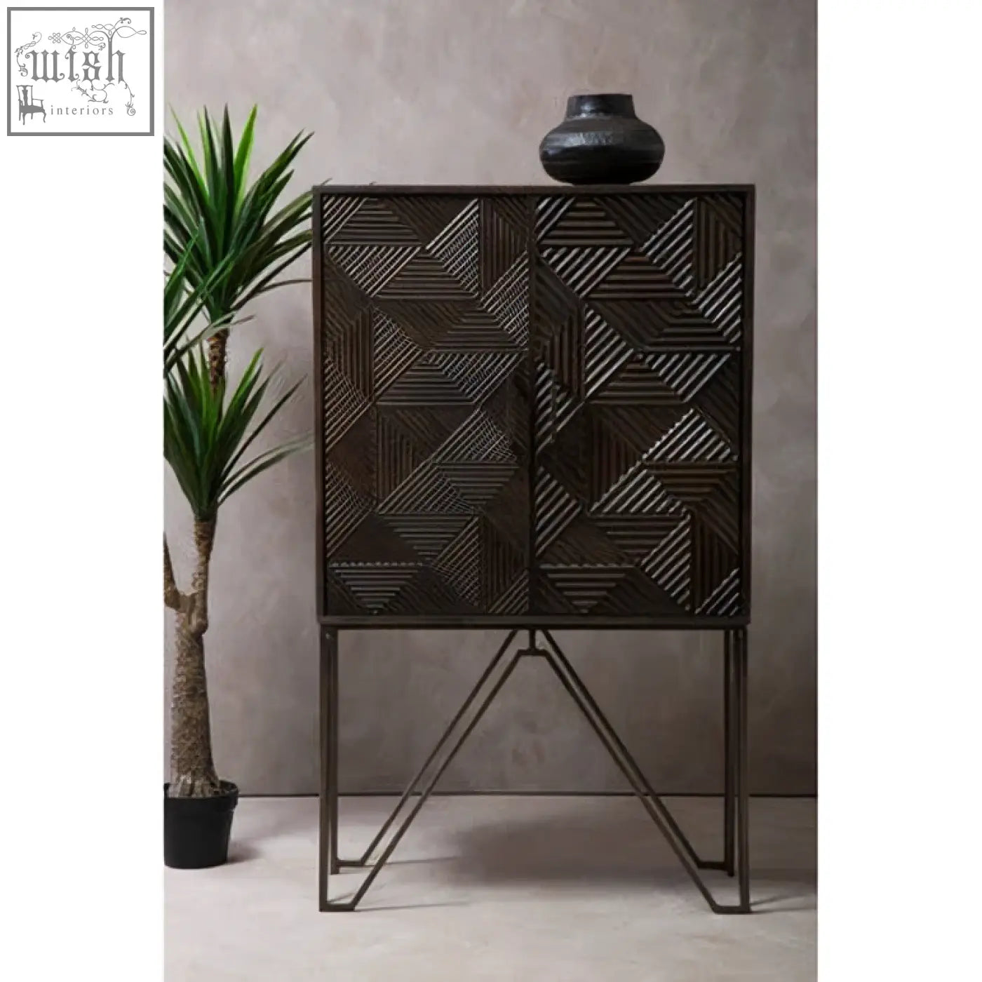 Dark brown saira cabinet with geometric pattern, slim iron handles, and metal legs for stylish storage