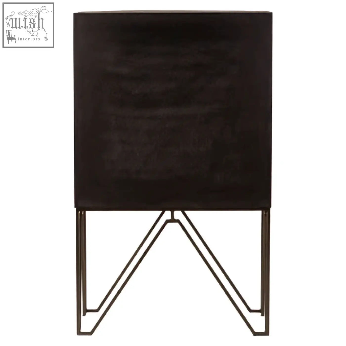Dark brown saira cabinet side table with slim iron handles and slender angular metal legs for modern living spaces