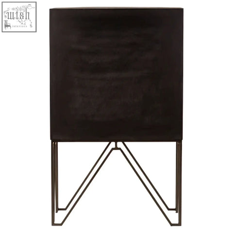 Dark brown saira cabinet side table with slim iron handles and slender angular metal legs for modern living spaces