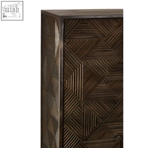 Dark brown wooden saira cabinet with geometric carved pattern and slim iron handles for stylish storage