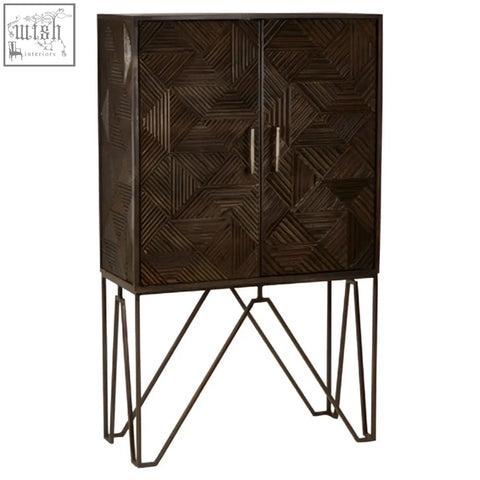 Dark brown saira cabinet with geometric inlay pattern and slim iron hairpin legs featuring slim iron handles
