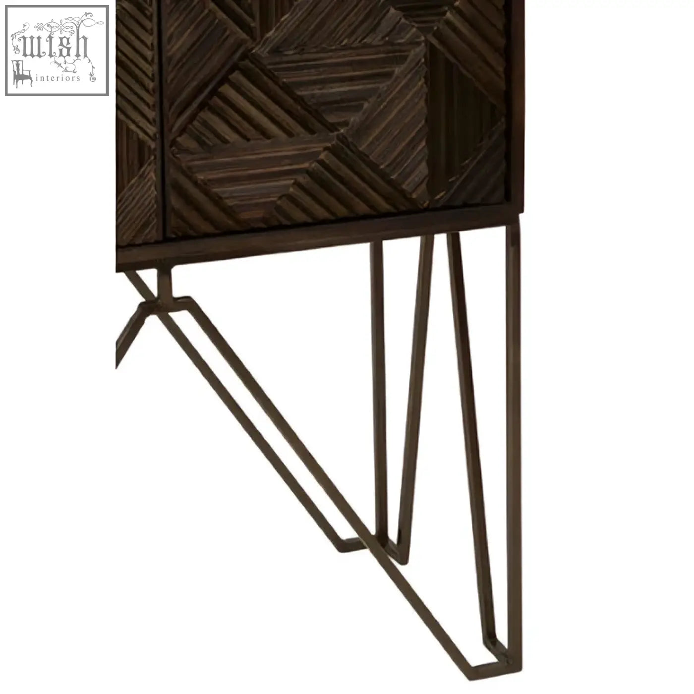 Dark brown wooden saira cabinet with geometric inlay pattern, slim iron legs, and slim iron handles