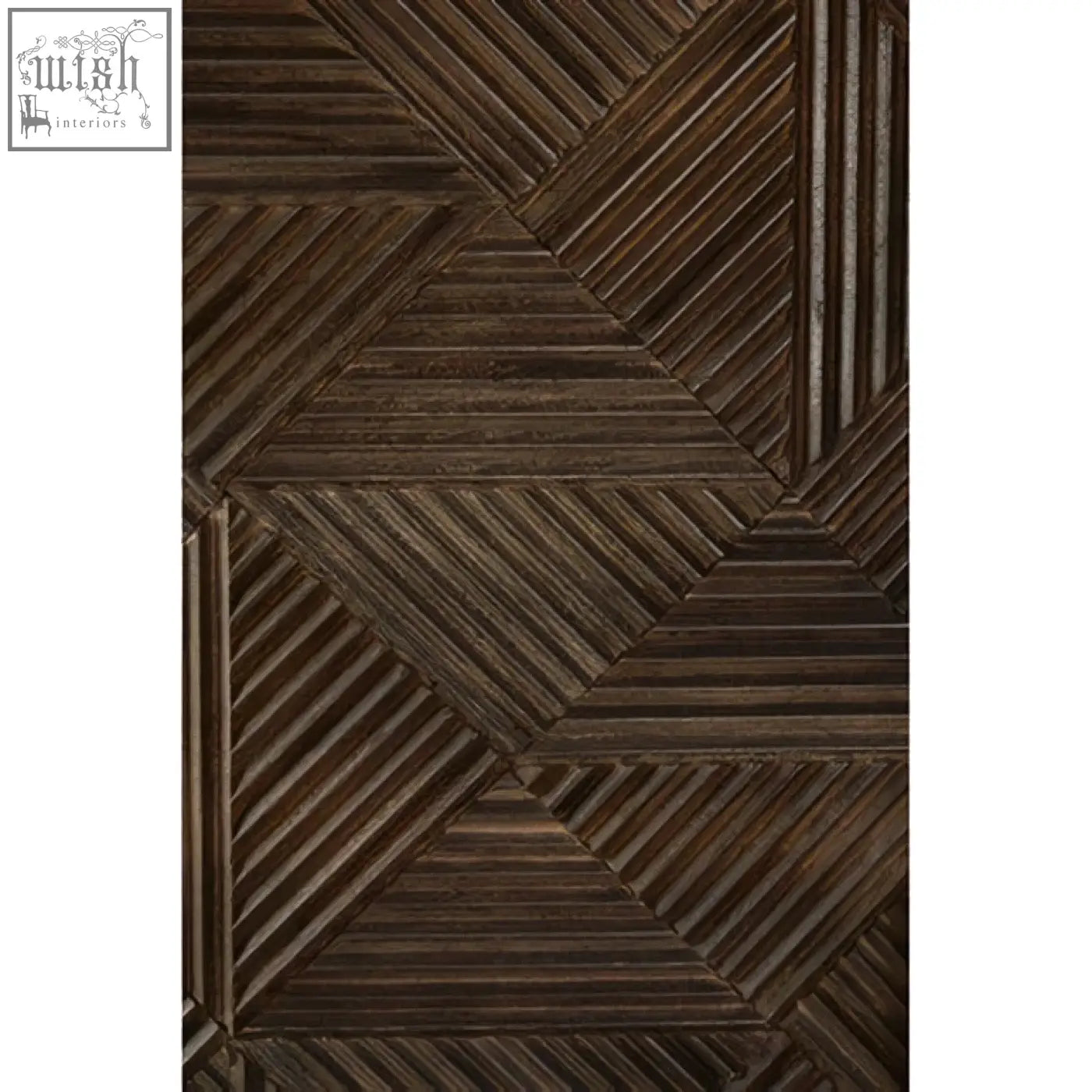 Dark brown woven saira cabinet rug with geometric interlocking triangles and slim iron handles detail