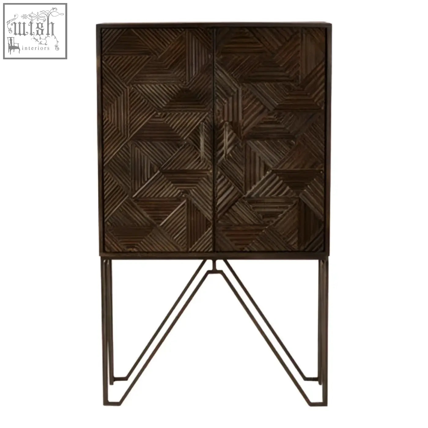 Dark brown woven wood saira cabinet with geometric pattern, slim iron handles, and metal hairpin legs