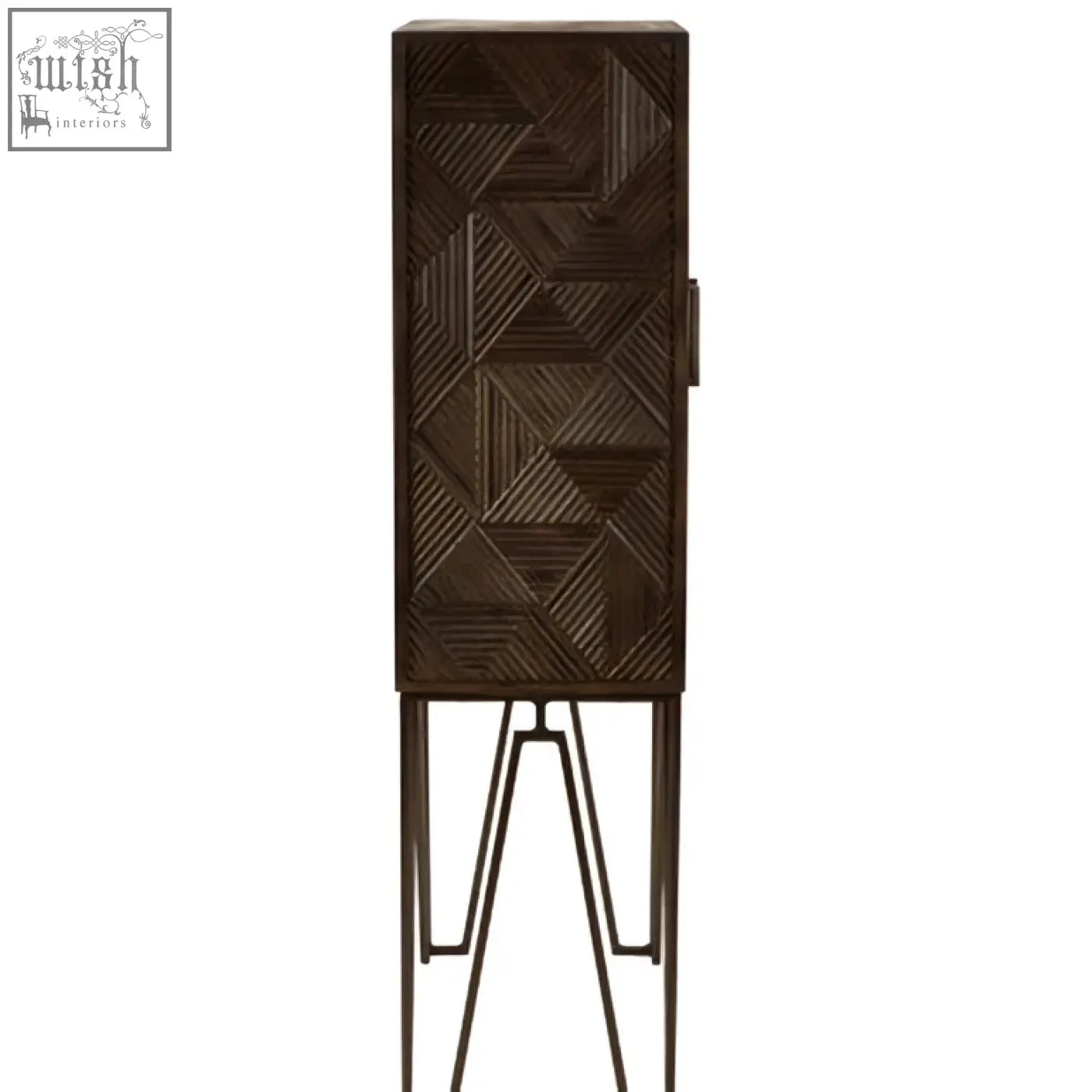 Dark wood saira cabinet with geometric triangle inlay pattern and slim iron legs featuring slim iron handles