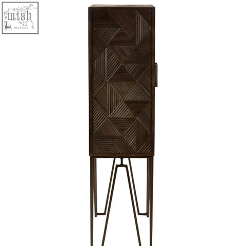 Dark wood saira cabinet with geometric triangle inlay pattern and slim iron legs featuring slim iron handles
