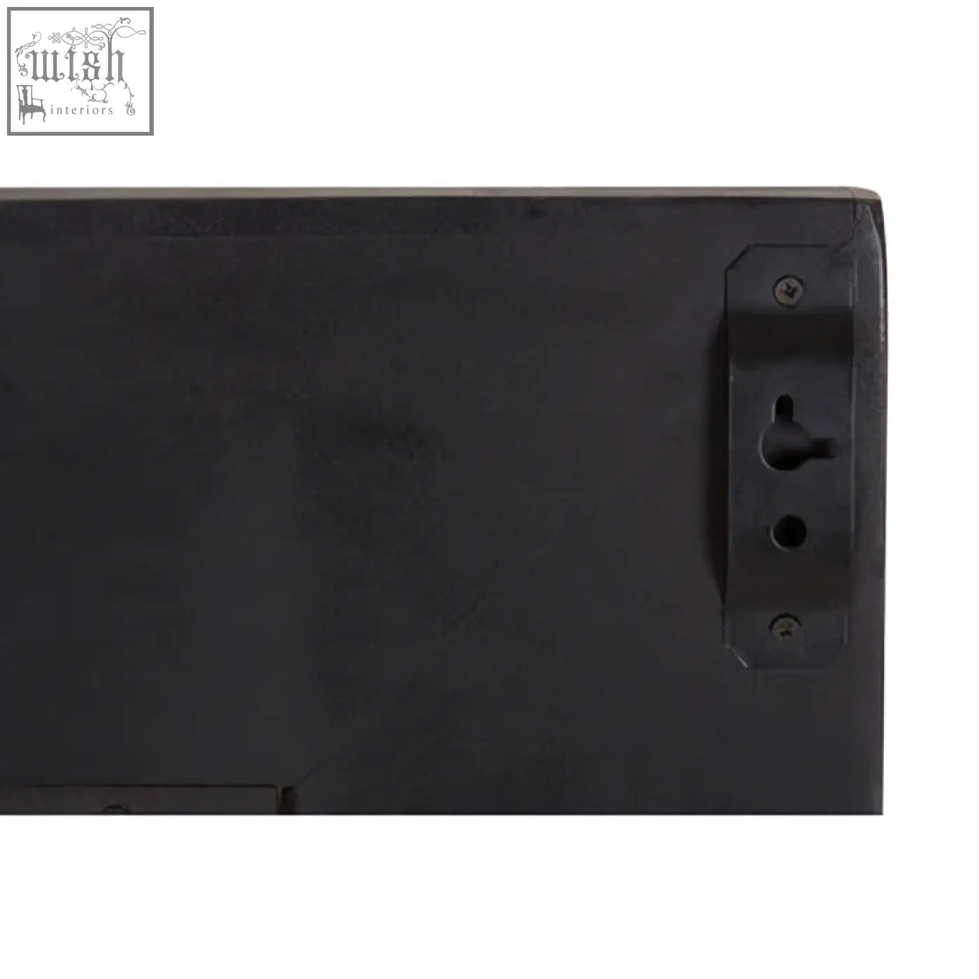 Black plastic mounting bracket with screw holes and keyhole slot on the back of saira wall mirror for easy wall mirror hanging