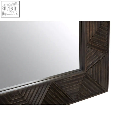Dark brown wooden saira wall mirror with geometric angled slat design perfect for stylish wall decor