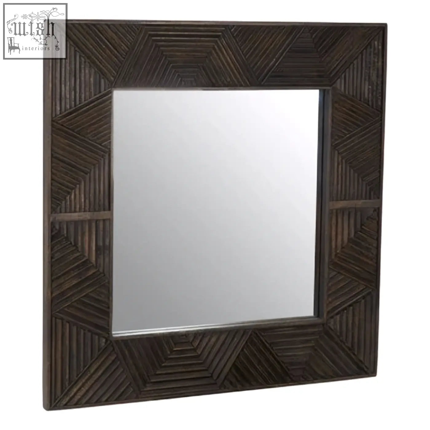 Dark brown wooden square saira wall mirror with geometric textured frame perfect as a decorative wall mirror