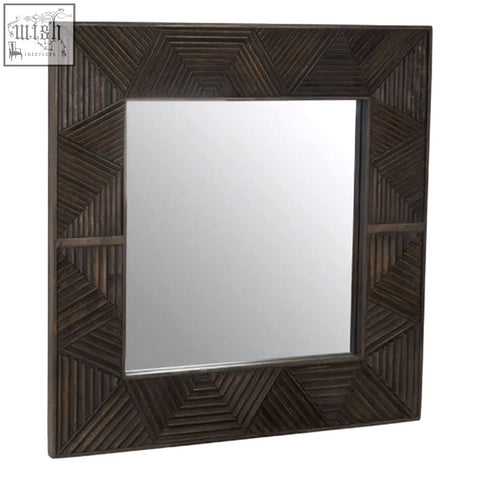 Dark brown wooden square saira wall mirror with geometric textured frame perfect as a decorative wall mirror
