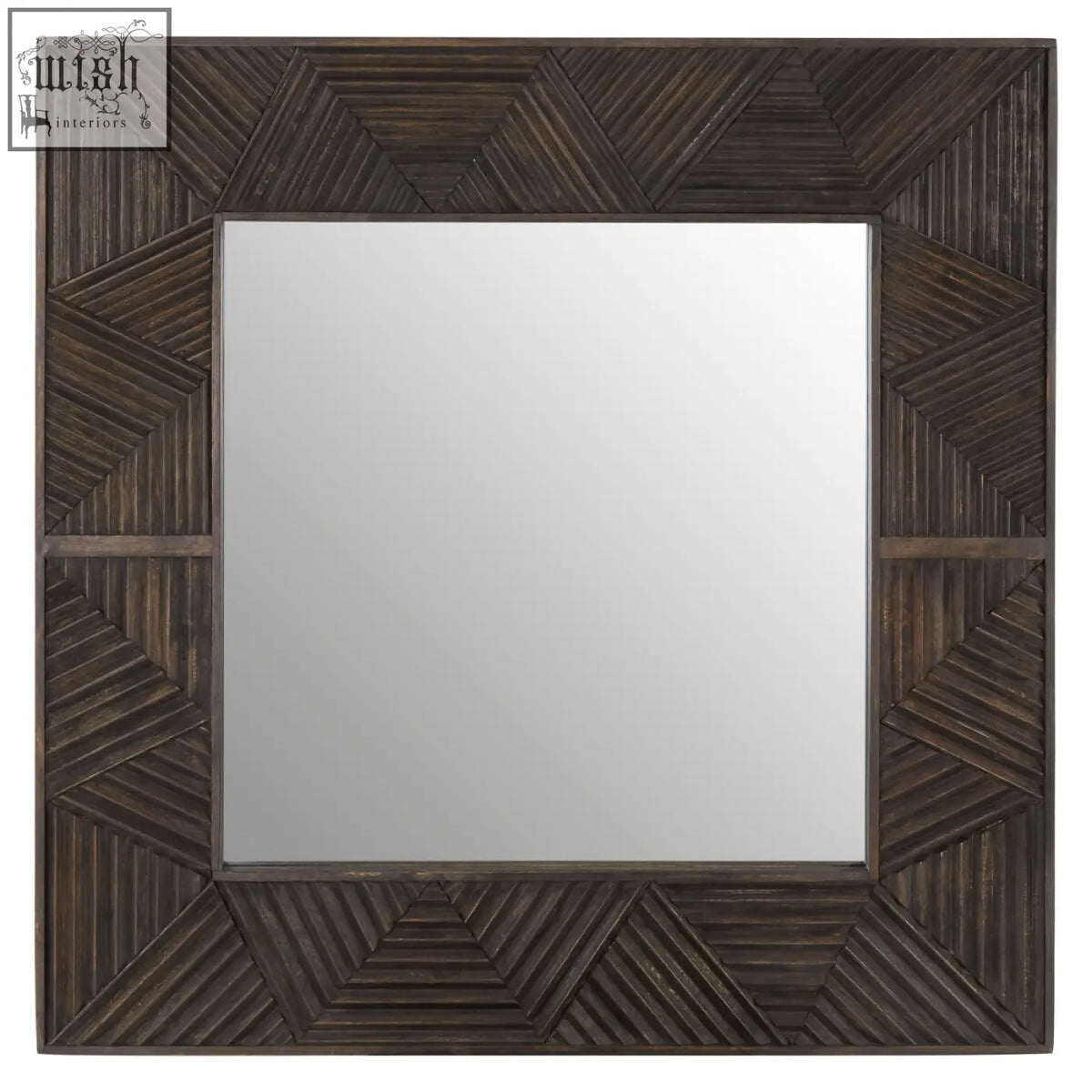 Square saira wall mirror with dark brown wooden frame and angled slats in a geometric pattern
