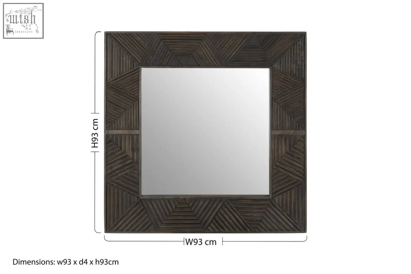 Square wall mirror with dark brown geometrically patterned wooden frame from the saira wall mirror collection