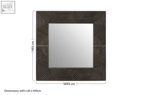 Square wall mirror with dark brown geometrically patterned wooden frame from the saira wall mirror collection