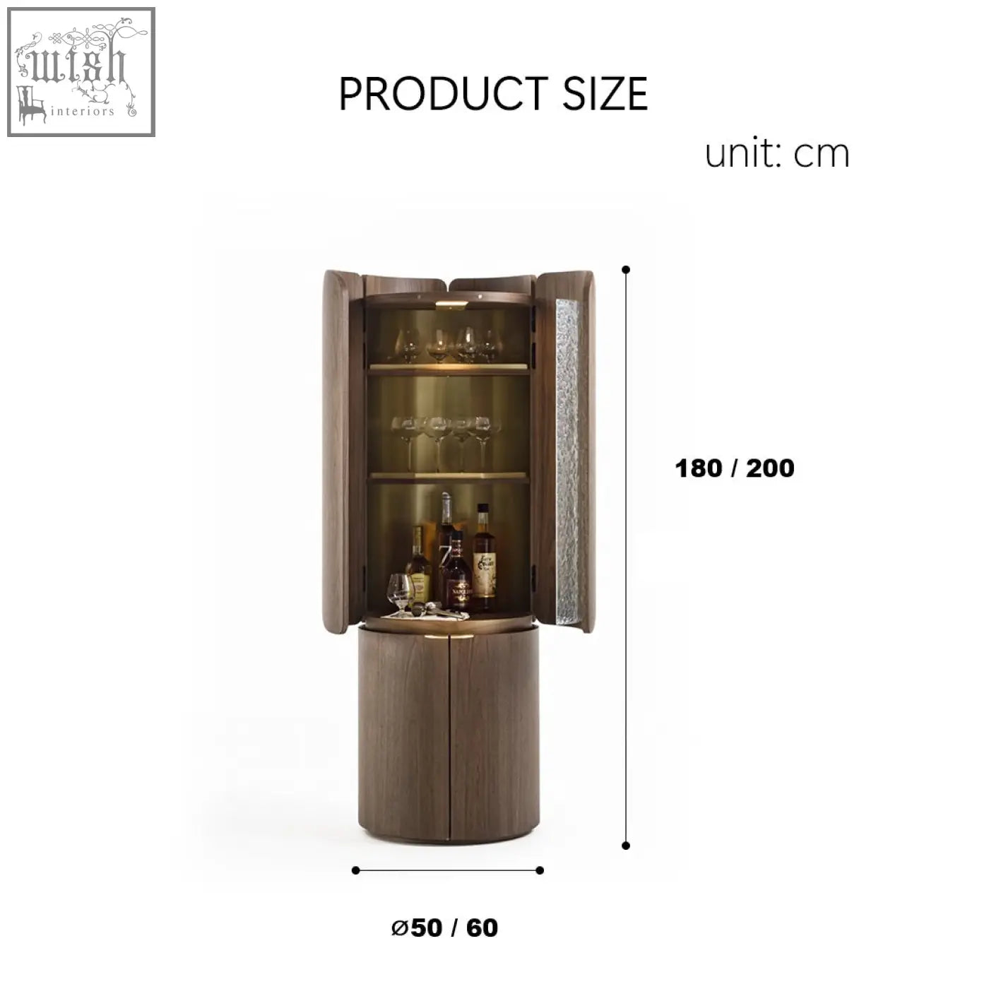 Modern wooden sakamoto liquor cabinet with glass doors interior lighting and a sleek cylindrical base for wine storage