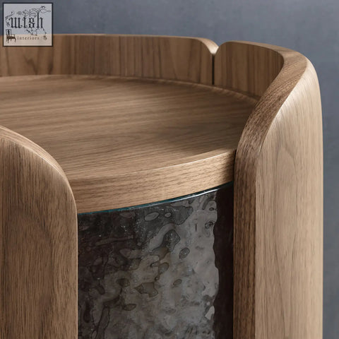 Curved oak wood sakamoto liquor cabinet with glass base and marbled finish for stylish wine storage with two doors