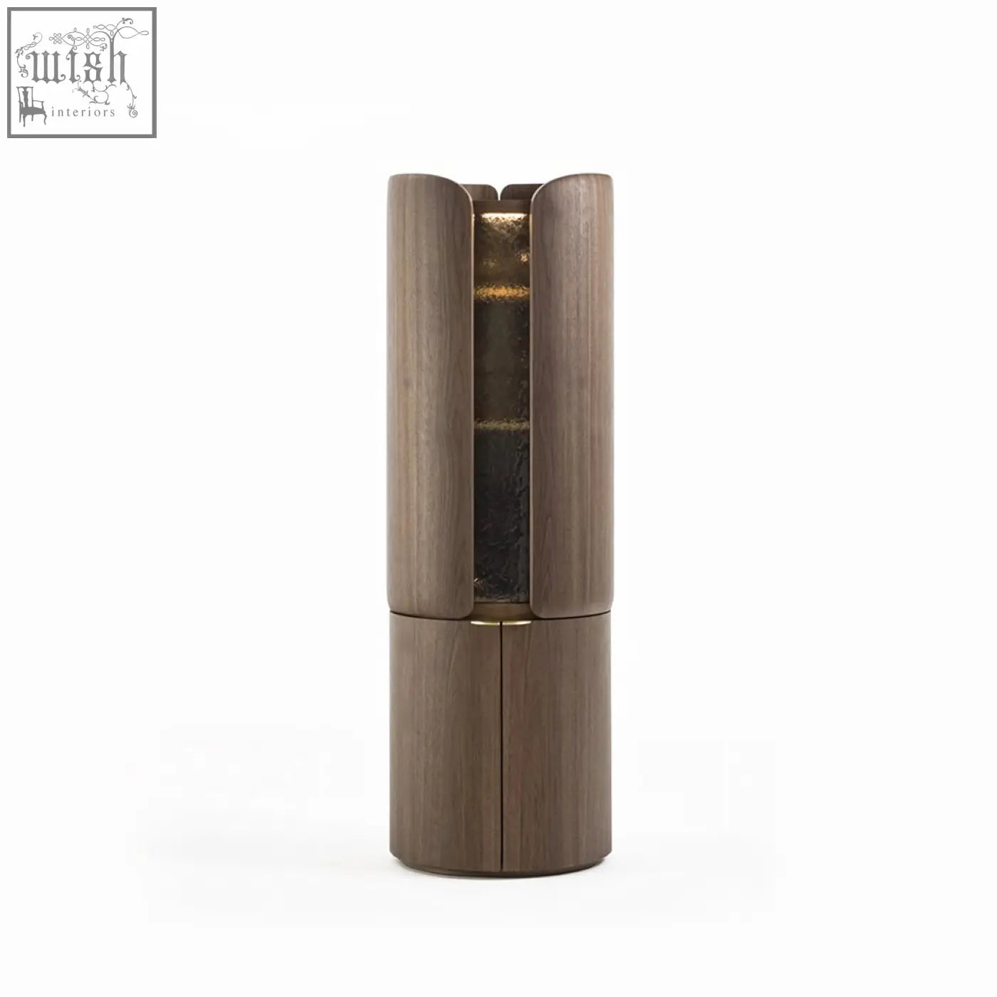 A sleek dark wood sakamoto liquor cabinet with vertical grooves and metallic gold interior for wine storage