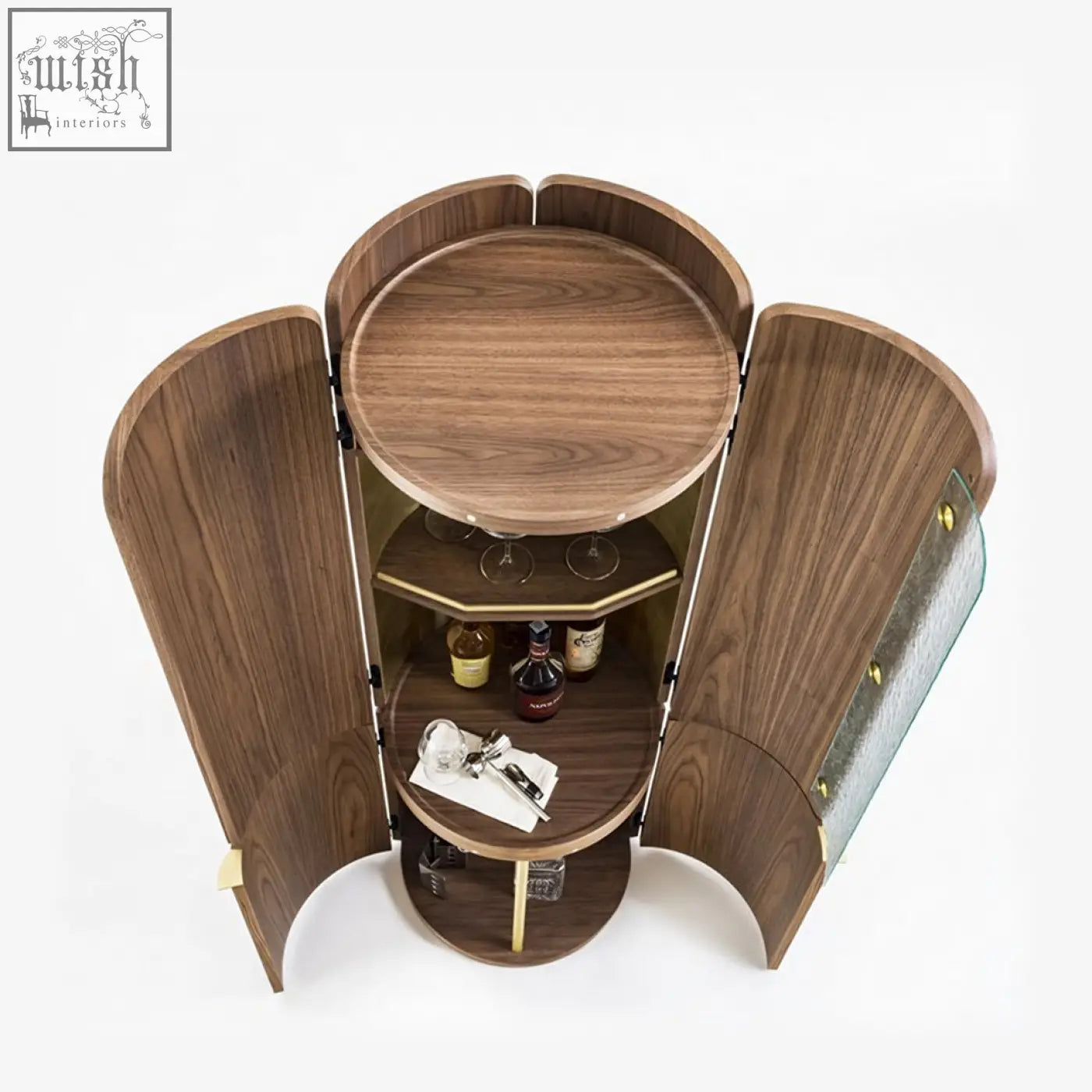 A sleek dark wood sakamoto liquor cabinet with curved doors and gold-toned hardware for wine storage