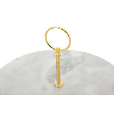 Gold metal handle on salerno grey marble cake stand with cylindrical stem and polished base finish