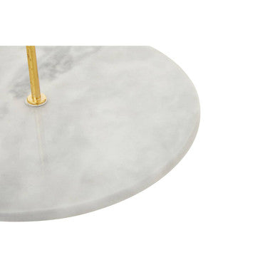 Sleek grey marble cake stand with white and gray polished surface on a gold-toned metal stand for serving cakes