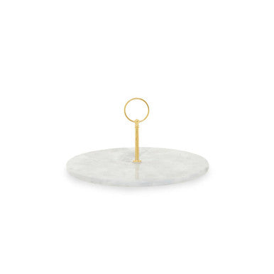 Salerno grey marble cake stand with white marble base and gold-toned ring handle for stylish serving