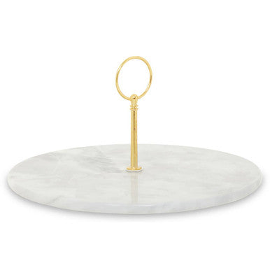 Salerno grey marble cake stand with gold handle featuring a white marble base and elegant gold-toned handle