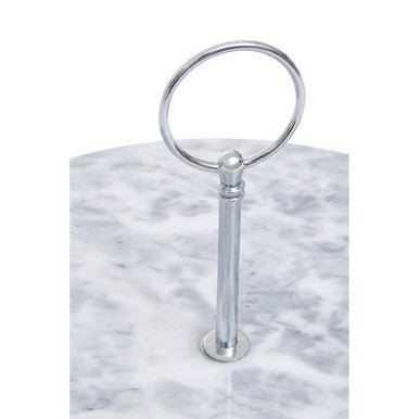 Shiny chrome-plated silver handle on salerno grey marble cake stand with sleek cylindrical stem and polished base