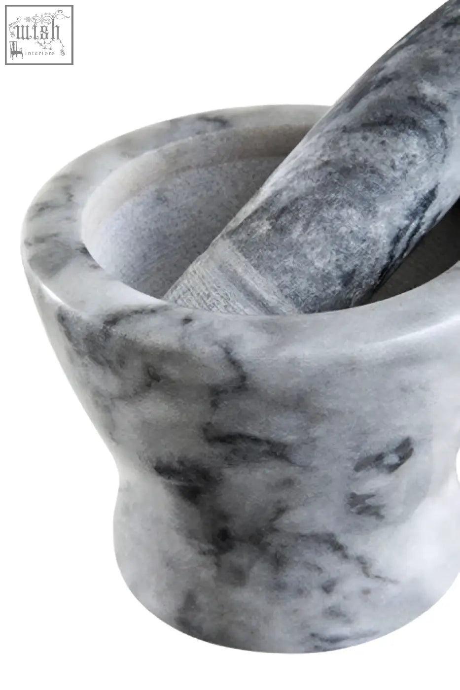Salerno grey marble curved mortar and pestle in gray and white marbled stone for grinding and crushing herbs