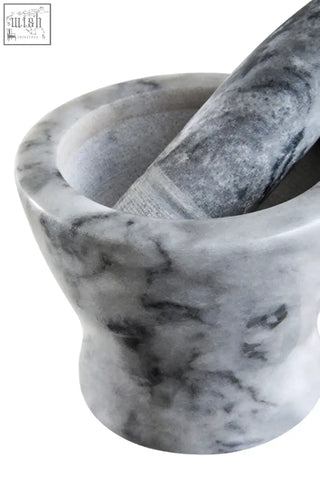 Salerno grey marble curved mortar and pestle in gray and white marbled stone for grinding and crushing herbs