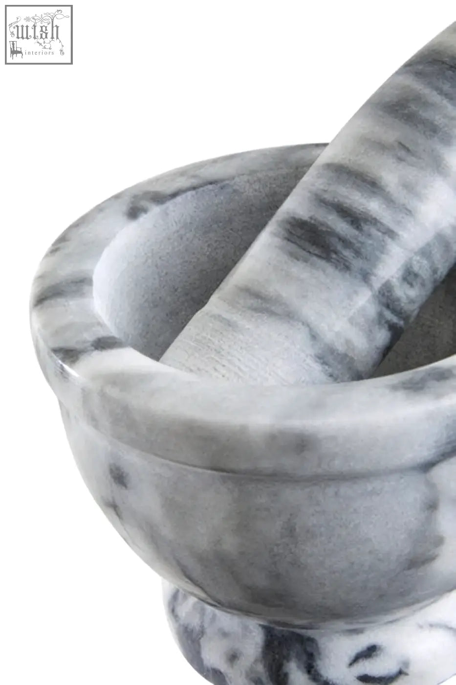 Salerno grey marble mortar and pestle set with rim featuring smooth polished grey and white marble finish