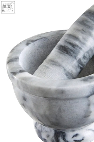 Salerno grey marble mortar and pestle set with rim featuring smooth polished grey and white marble finish