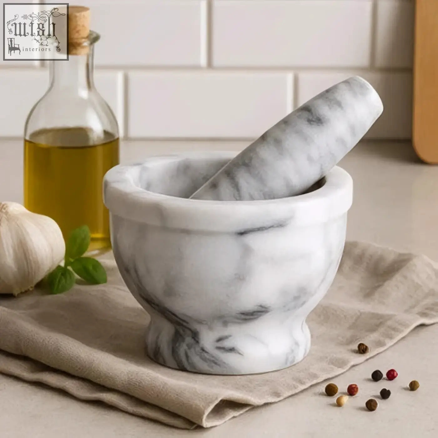 White marble salerno grey marble mortar and pestle with rim featuring gray veining for grinding and crushing