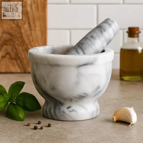 Salerno grey marble mortar and pestle with rim in white marble featuring gray veining and matching pestle inside