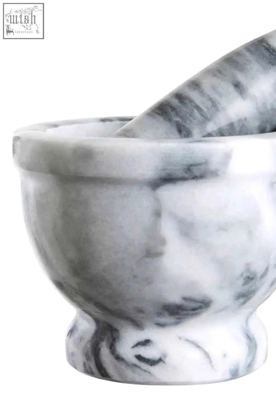 Salerno grey marble mortar and pestle with rim in white and grey marbled stone for grinding and crushing
