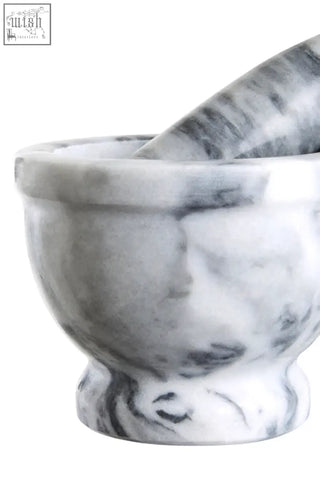 Salerno grey marble mortar and pestle with rim in white and grey marbled stone for grinding and crushing