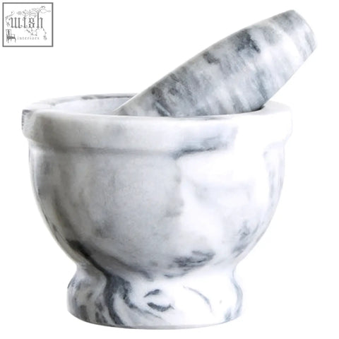 Salerno grey marble mortar and pestle set in white and grey marbled stone with a rim for easy grinding tasks