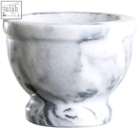Salerno grey marble mortar and pestle with rim featuring smooth polished white and grey marble surface