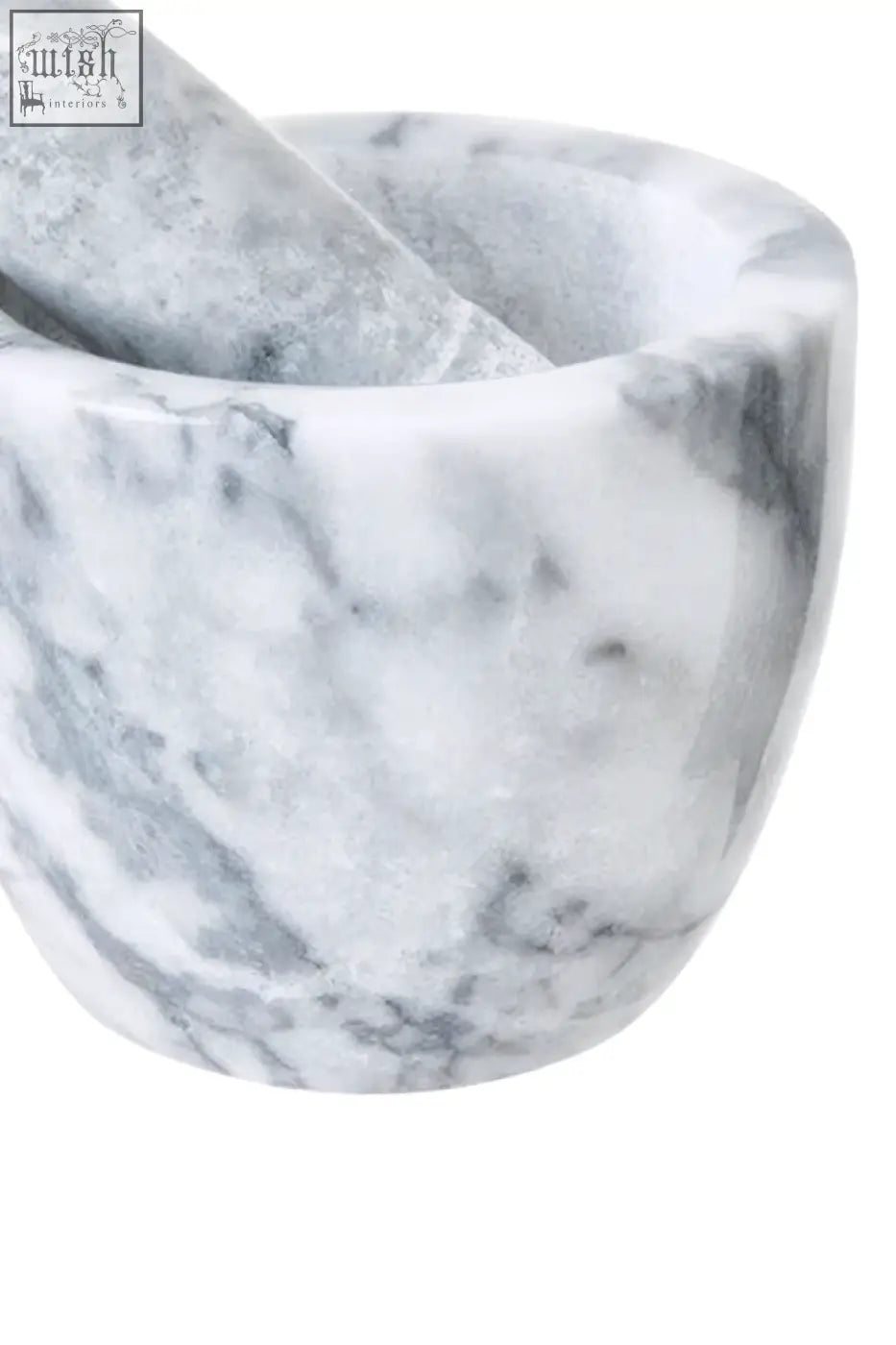 A grey marble tapered mortar and pestle set with natural stone veining in white and grey marble tapered design