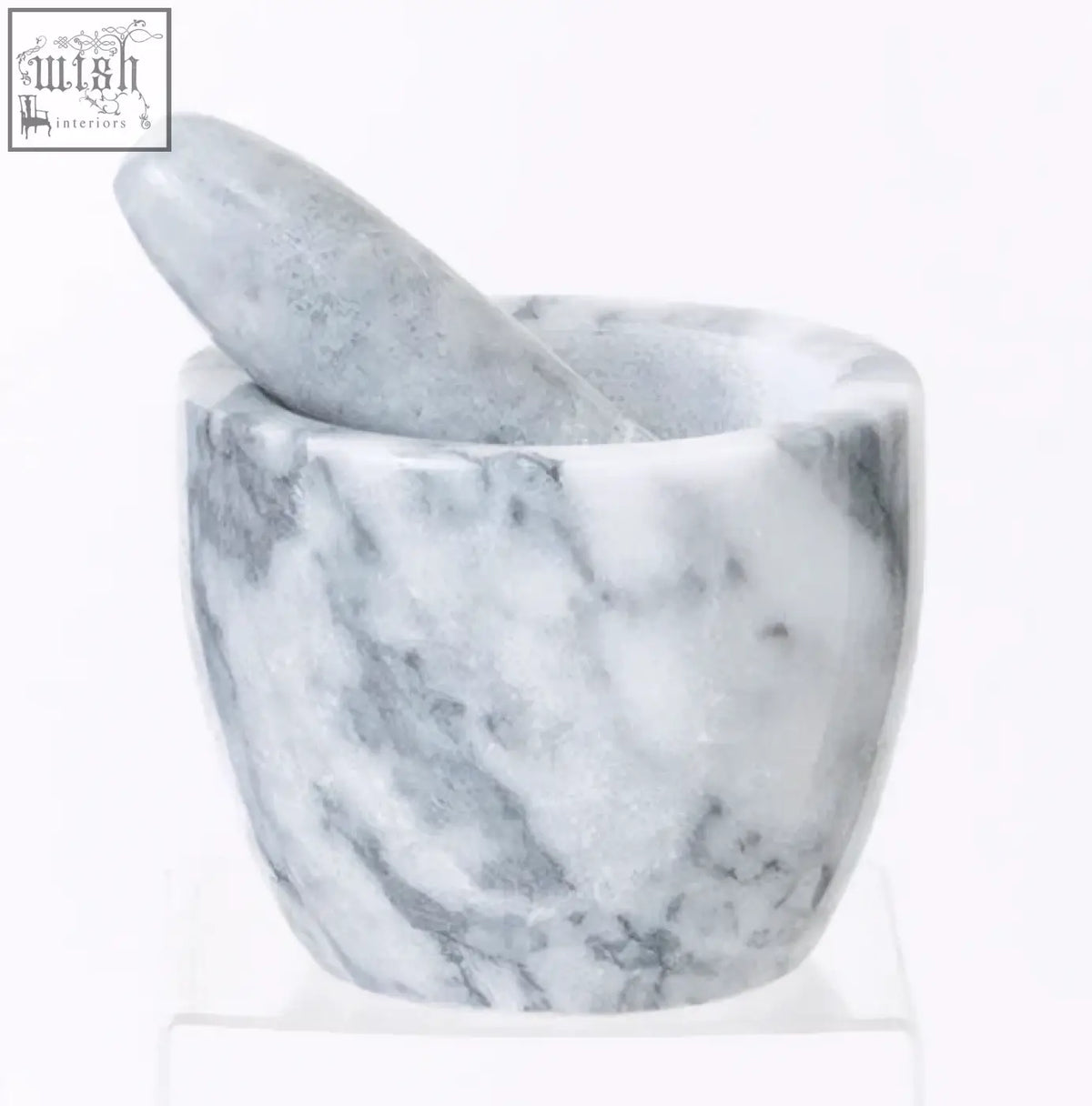 White and grey marble tapered mortar and pestle set featuring a grey marble tapered design for easy grinding