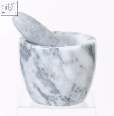 White and grey marble tapered mortar and pestle set featuring a grey marble tapered design for easy grinding