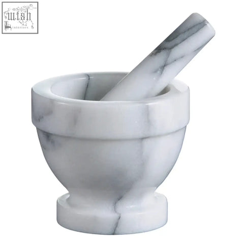 Salerno white marble large mortar and pestle in white marble with gray veining perfect for grinding herbs and spices