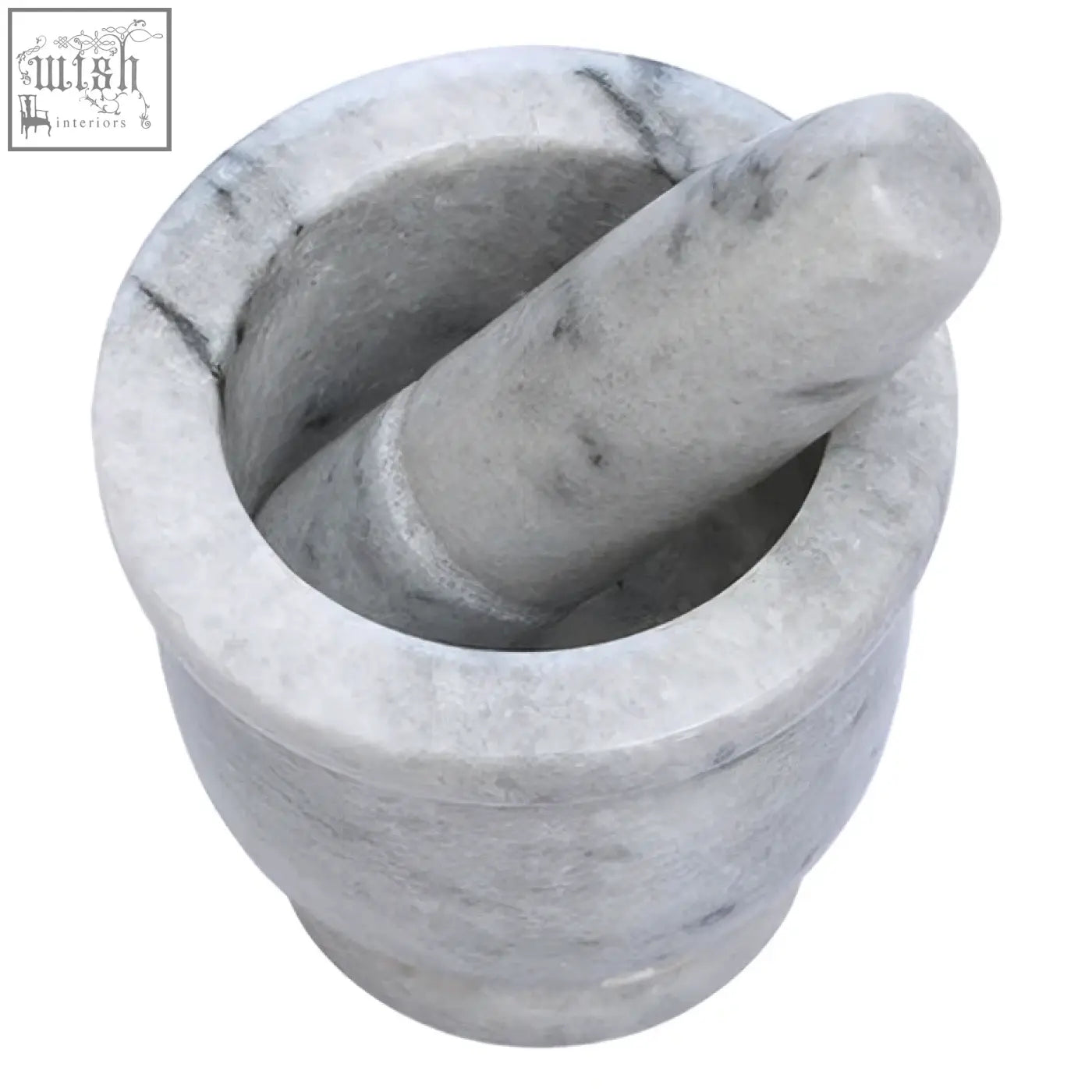 Salerno white marble large mortar and pestle set in white marble with subtle gray veining for kitchen use