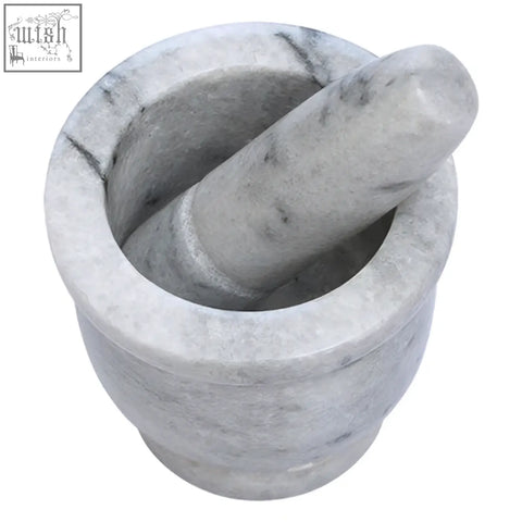 Salerno white marble large mortar and pestle set in white marble with subtle gray veining for kitchen use