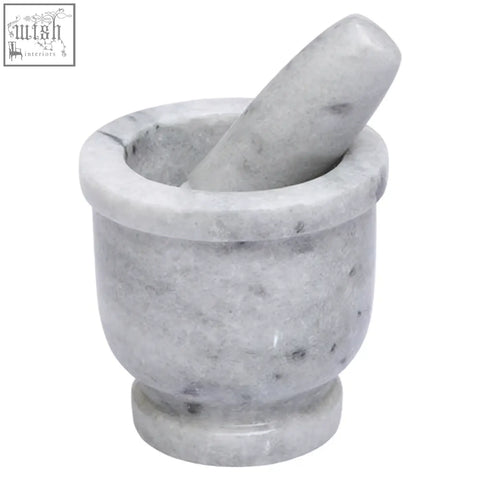 Salerno white marble large mortar and pestle set in white marble with subtle gray veining for kitchen use
